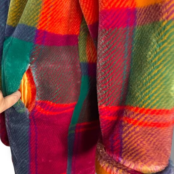 Vintage Donnybrook Rainbow Plaid Faux Fur Coat Colorful Oversized Jacket Large - Picture 7 of 14